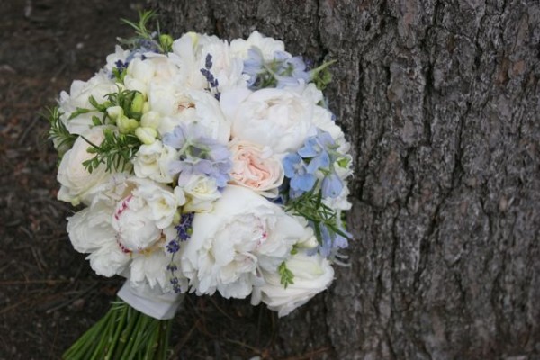 White Peony Bridal bouquet with freesia, blue delphinium, lavender, roses and rosemary