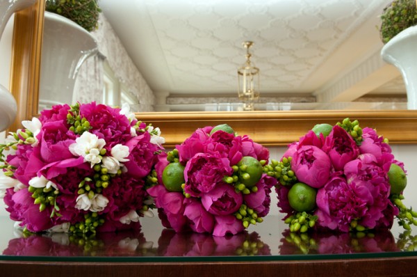 Bridal and Bridesmaids bouquets at the Hay Adams Hotel for a Decatur House Wedding with peonies, limes berries and freesia