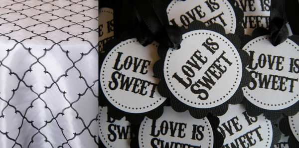 Black and white linens and favor tags