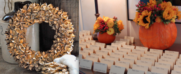 Cotton bur wreath via Etsy and pumpkin arrangements by Elegance and Simplicity