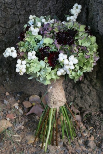 Bridesmaid bouquets with local  hydrangea, snowberries and purple scabiosa