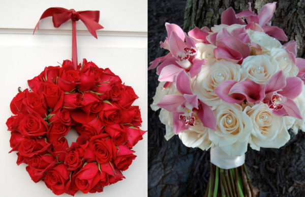 Red rose wreath and pink and white bouquet for Valentine's Day