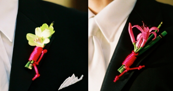Asian inspired boutonnieres with orchids and nerine lilies