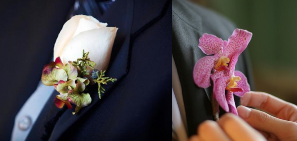 Winter style boutonnieres - berries and orchids and hydrangea and roses