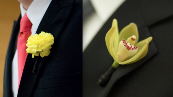 Yellow ranunculus and green orchid boutonnieres