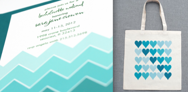 Ombre wedding style with teal invitations and totes