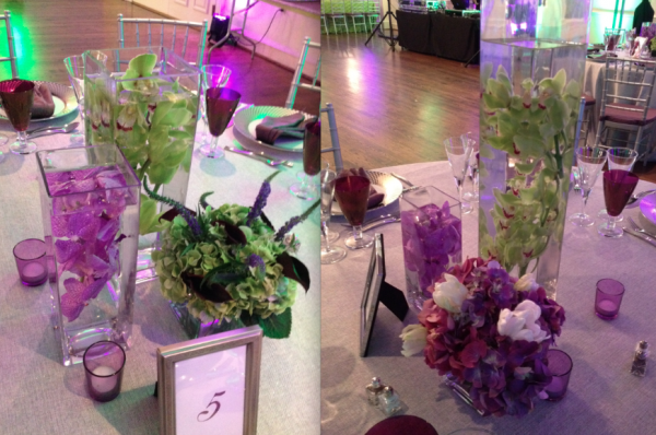 Bat Mitzvah centerpieces with orchids, hydrangea and calla lilies