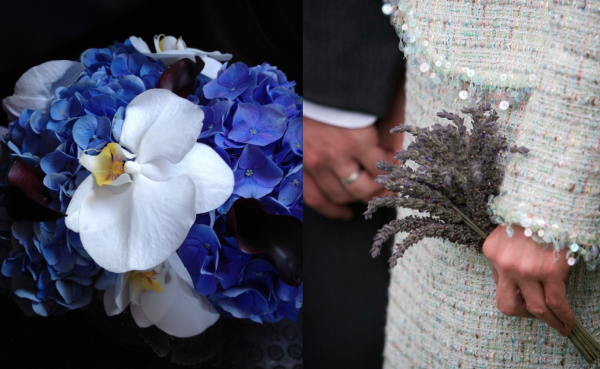 Purple floral designs with hydrangea, orchids, calla lilies and lavender