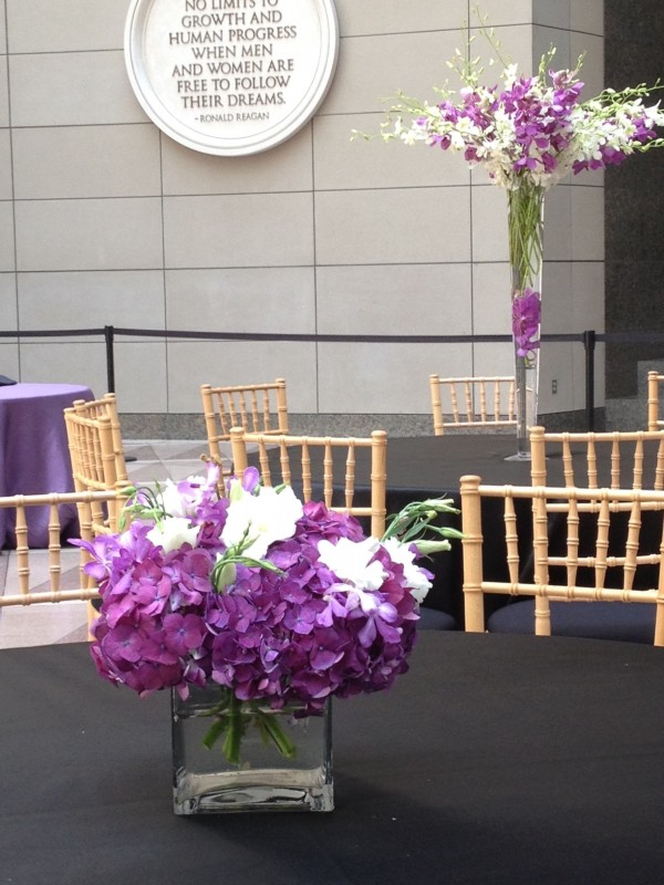 Tall and short centerpieces in the Atrium at Ronald Reagan Building