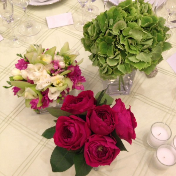 Decatur House centerpieces with orchids, hydrangea, roses and more