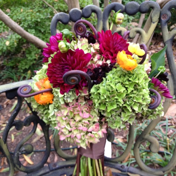 Bridal bouquet with hydrangea, dahlias, fern curls, ranunculus and cosmos and scabiosa
