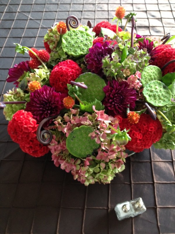 Fall centerpiece with local hydrangea, lotus pods, coxcomb, fern curls, gomphrena and dahlias