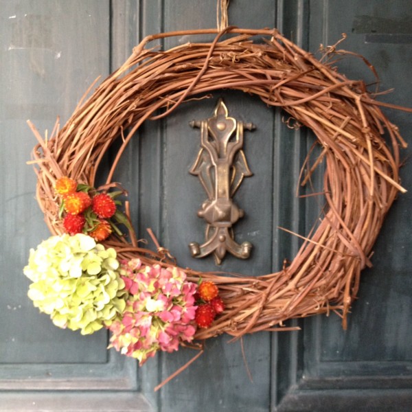 Grapevine Wreath with hydrangea and gomphrena at Lee Fendall House