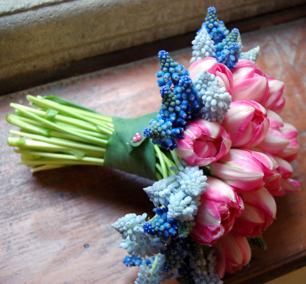 Pink tulips with grape hyacinth bridal bouquet
