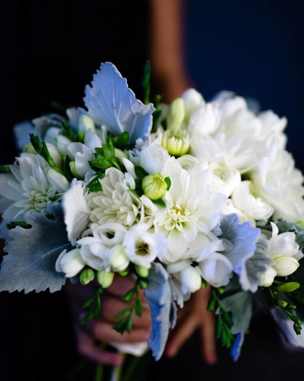 Gray and white bridal bouquet by Elegance & Simplicity