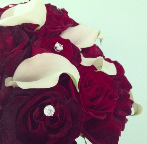 Bridal bouquet with calla lilies, roses and rhinestones