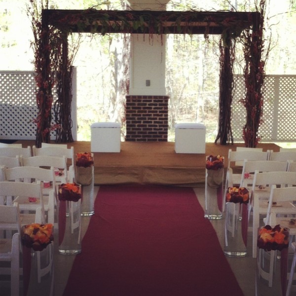 Stage with mandap , cover, aisle runner and flowers by Elegance & Simplicity at Westfields Golf Club