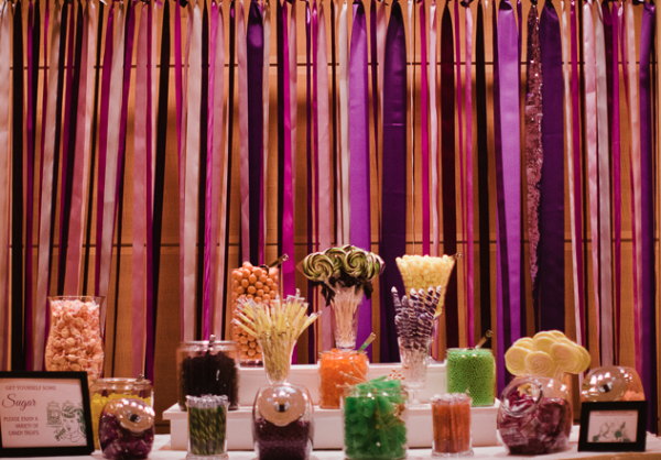 Ribbon wall and candy bar by Elegance and Simplicity