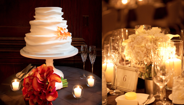 Wedding cake by Kendall's Cakes and centerpieces by Elegance & Simplicity, Inc.